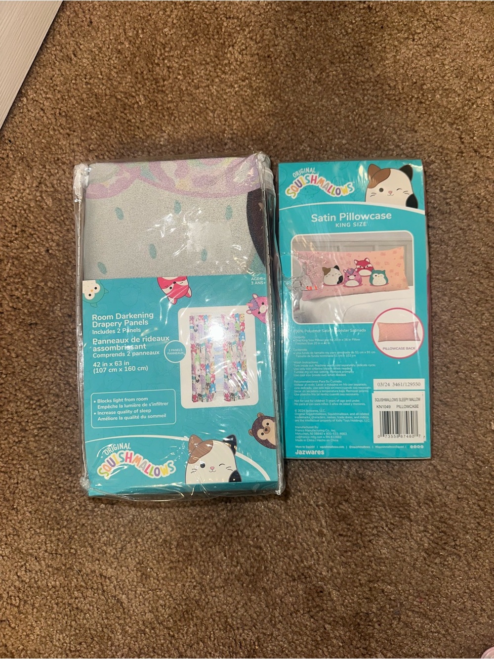 Squishmallows Teal Pink White Satin King Pillowcase & Room Darkening Panels